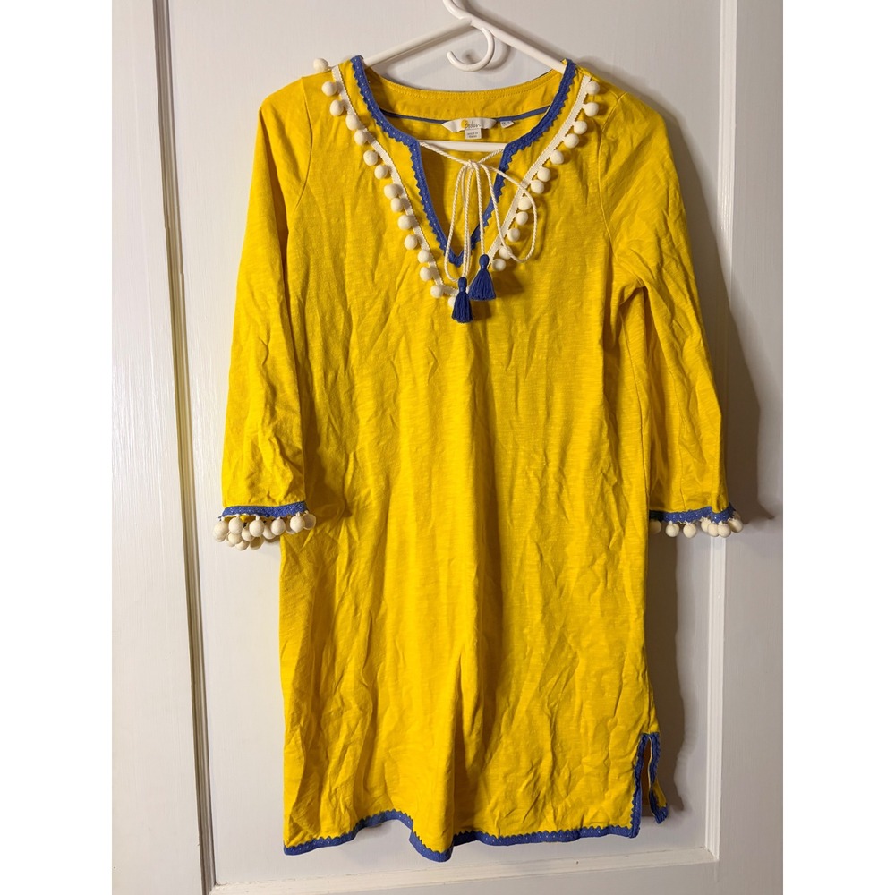 Boden Yellow Cotton Pom Pom Tunic Dress Blue Trim Tassel Boho Womens 2